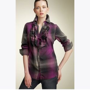 Joie Purple Fara Plaid Tuxedo Ruffle Blouse Button Up Shirt size Large
